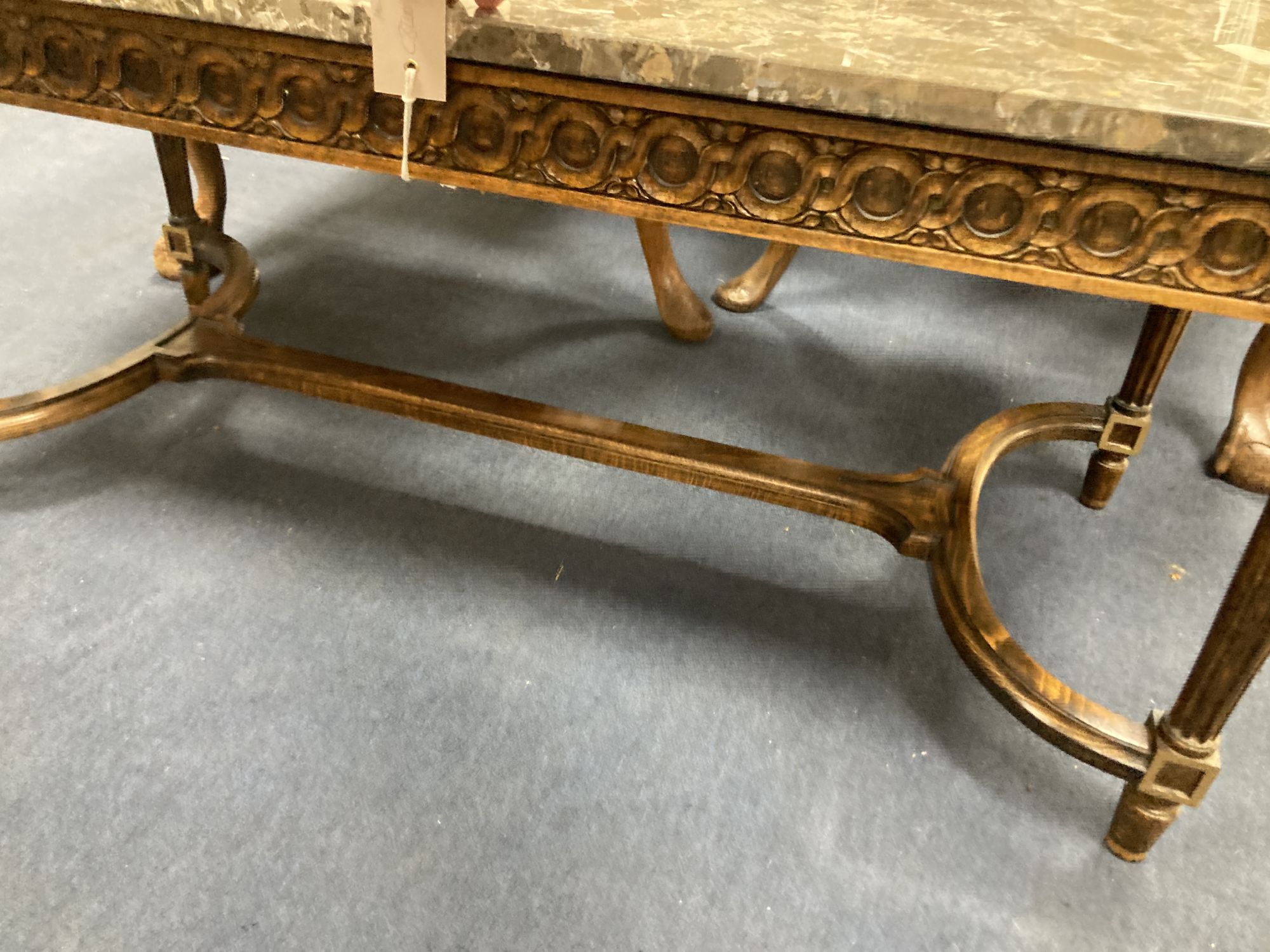 A French Louis XVI style marble topped stained beech occasional table, width 102cm, depth 46cm, height 45cm